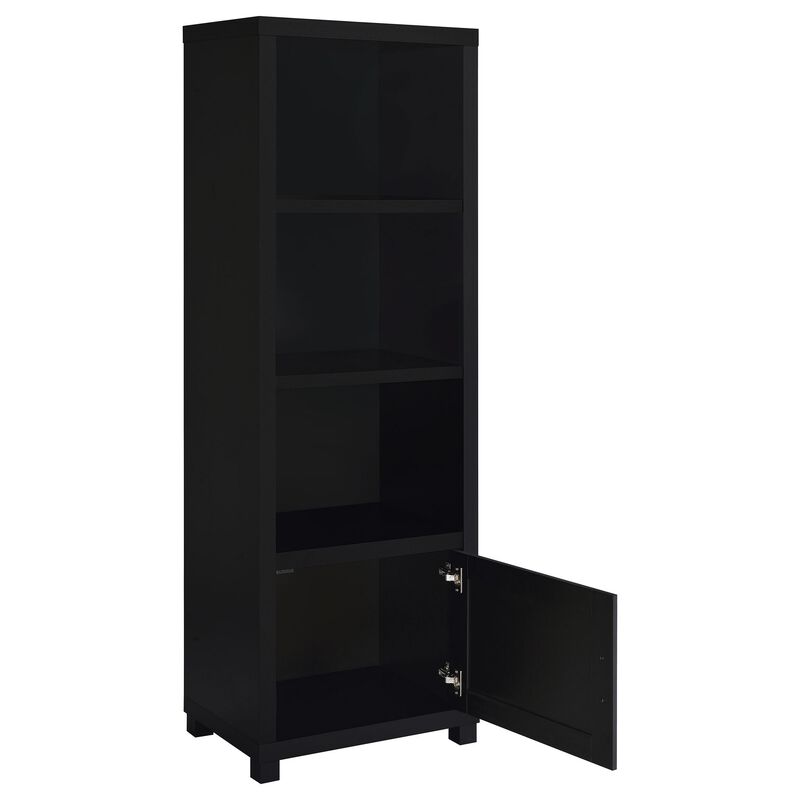 Janice Media Tower Bookcase, 3 Shelves, 1 Storage Cabinet,  Black Finish - Benzara