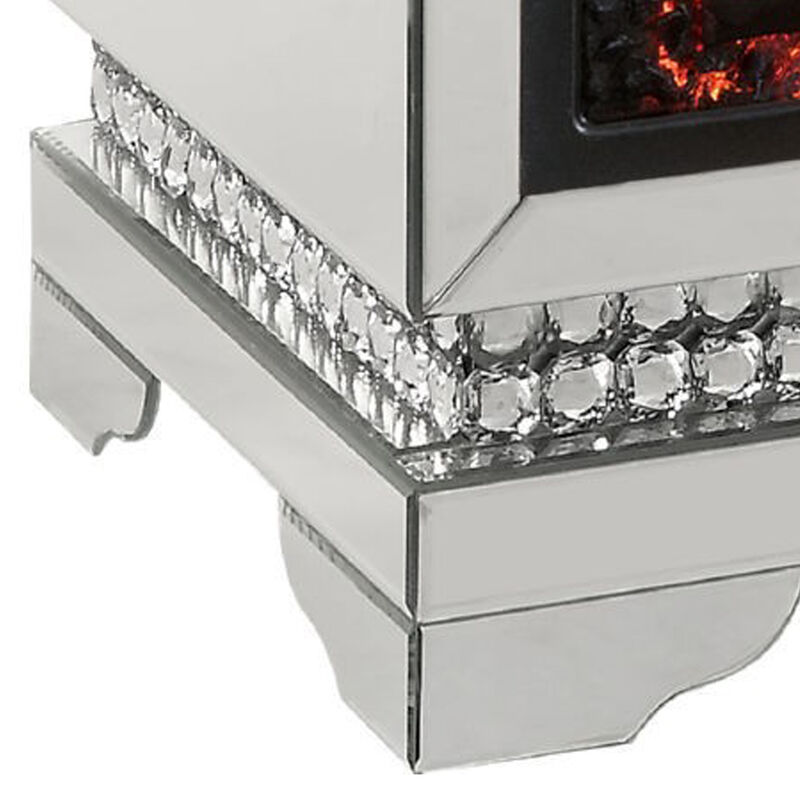 Electric Fireplace with Mirror Panel Framing and Faux Diamonds, Silver-Benzara
