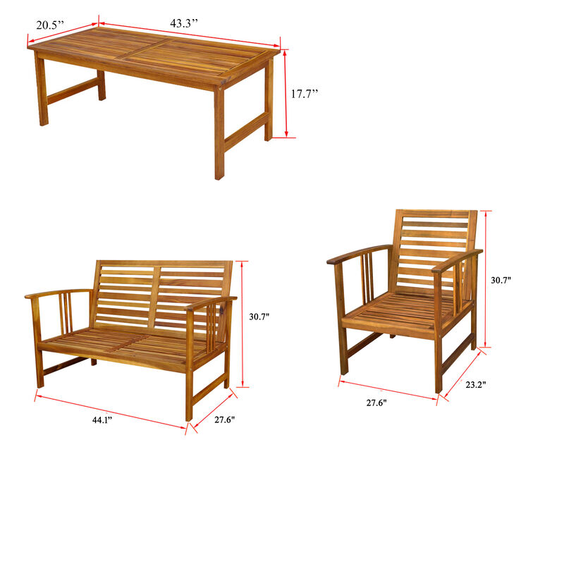 Roma 4pc Modular Outdoor Sofa and Table Set, Brown Acacia Wood, White - Benzara