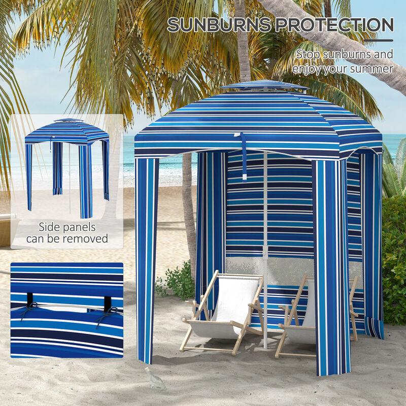 Outsunny 5.8' x 5.8' Portable Beach Umbrella with Double-top, Ruffled Outdoor Cabana with Vented Windows, Sandbags, Carry Bag, Blue Strip