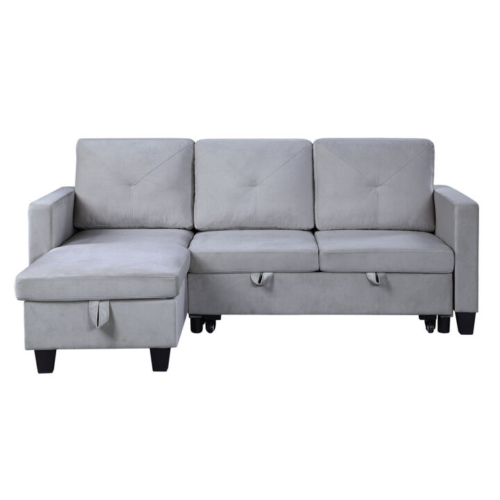 Nova Light Gray Velvet Reversible Sleeper Sectional Sofa with Storage Chaise