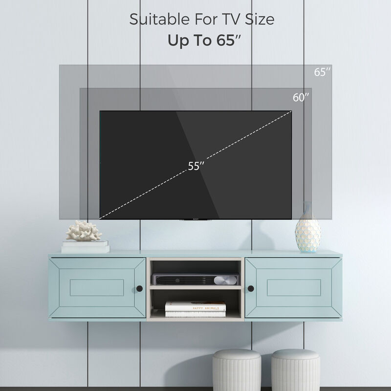 Wall Mounted 60" Floating TV Stand with Large Storage Space, Adjustable Shelves, Magnetic Cabinet Door, Cable Management - Sleek Design, Easy Organization