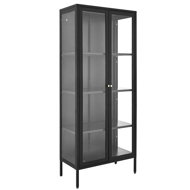 4-Tier Glass Door Display Cabinet with 3 Adjustable Shelves and LED Lighting for Home Display-Black