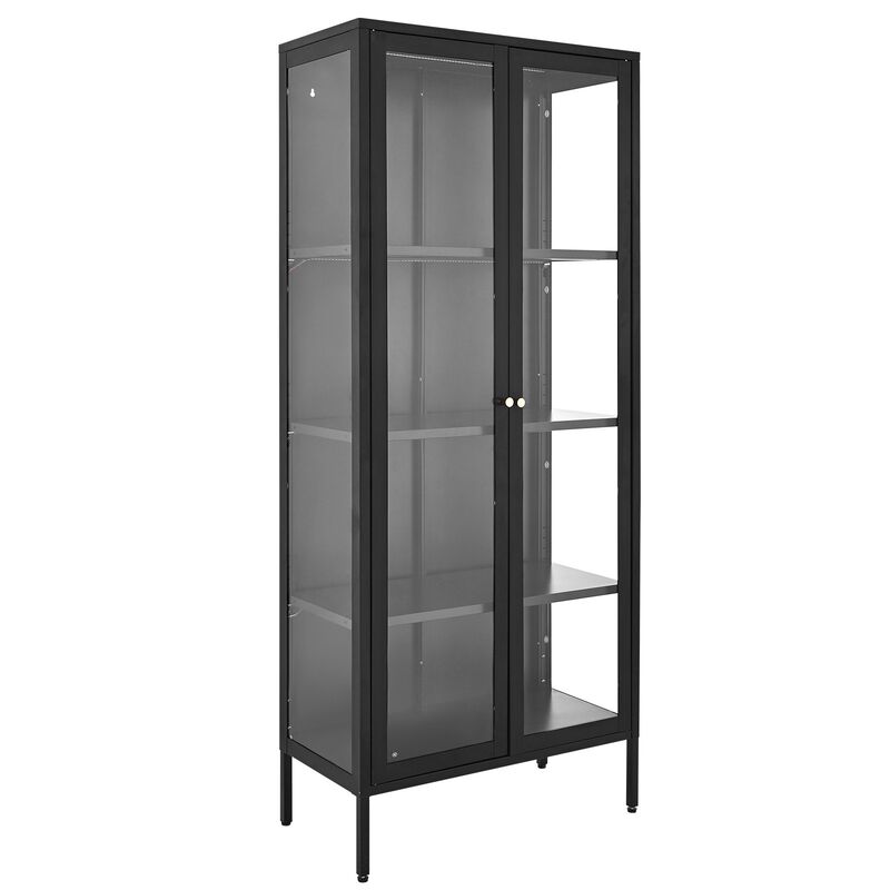 4-Tier Glass Door Display Cabinet with 3 Adjustable Shelves and LED Lighting for Home Display-Black image number 0