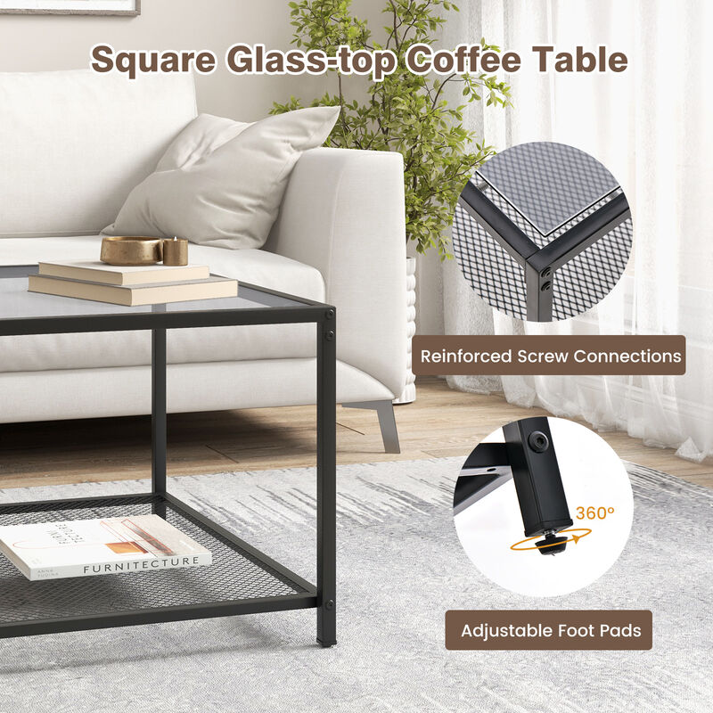 Modern 2-Tier Square Glass Coffee Table with Mesh Shelf