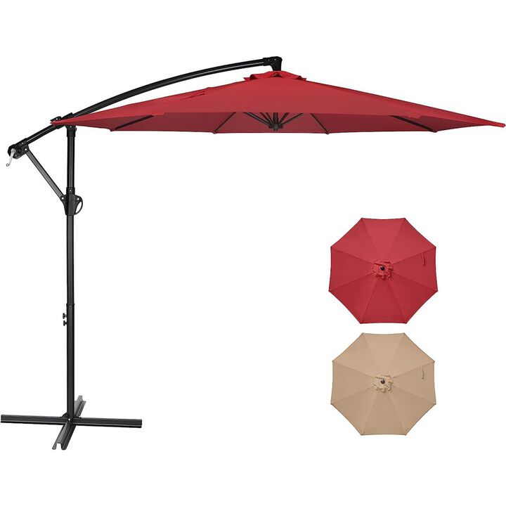 10FT Offset Umbrella Cantilever Patio Hanging Umbrella Outdoor Market Umbrella with Crank & Cross Base Suitable for Garden, Lawn, backyard and Deck, Red