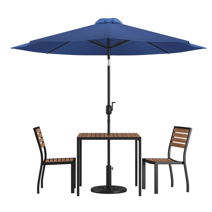 Flash Furniture Lark 5 Piece Patio Table Set - 2 Synthetic Stackable Faux Teak Chairs - 35" Square Faux Teak Table - Navy Umbrella with Base