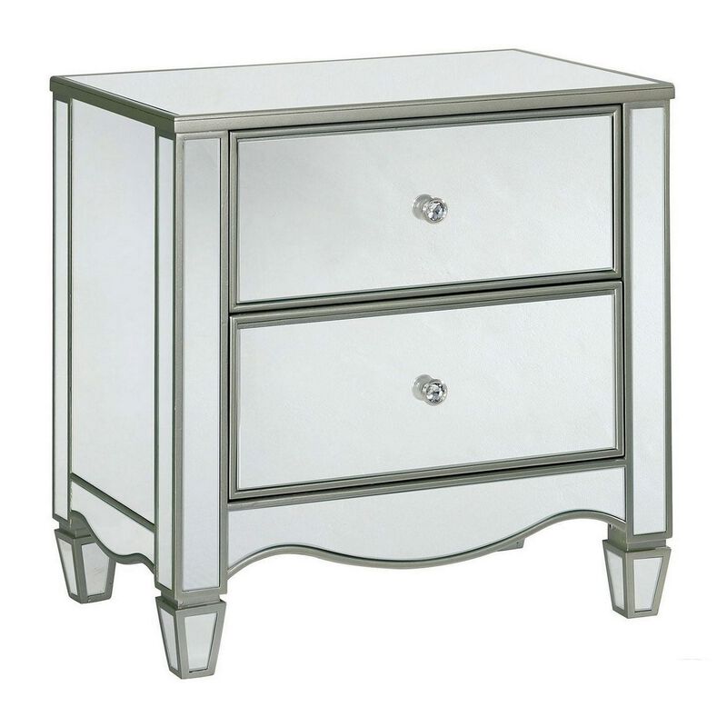 Nightstand with Crystal Knobs and Mirror Panels, Silver-Benzara