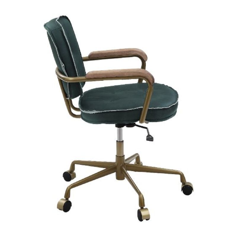 Office Chair with Leather Seat and Button Tufted Back, Green-Benzara