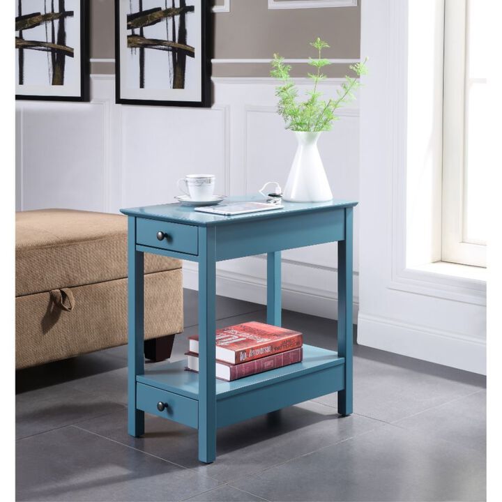 Acme Byzad Wooden Side Table with USB Charging Dock and 2-Drawer in Teal