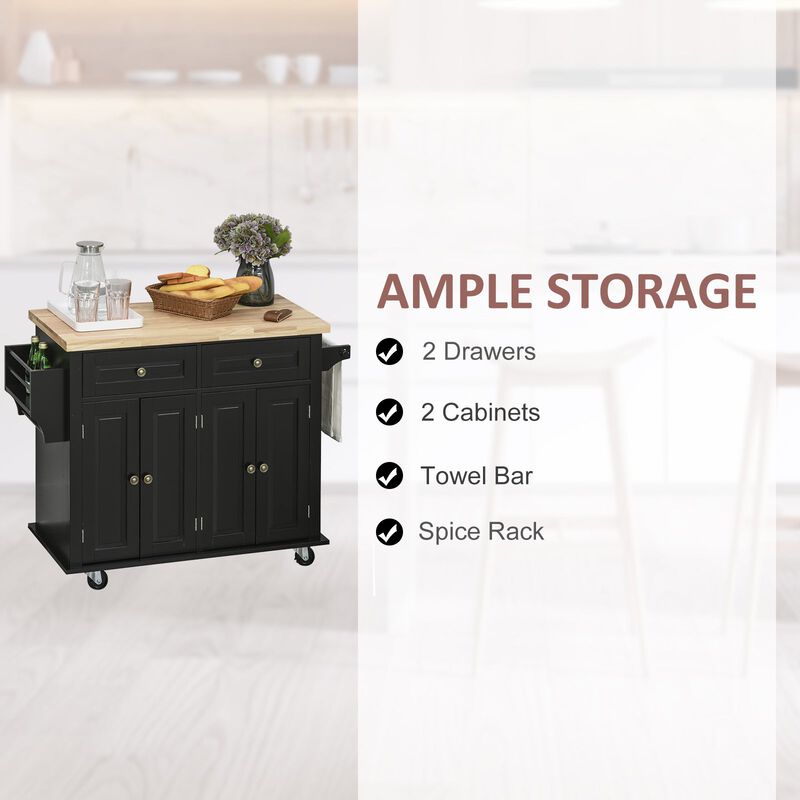 Black Kitchen Island: Cart with Varnished Rubberwood Top and Casters
