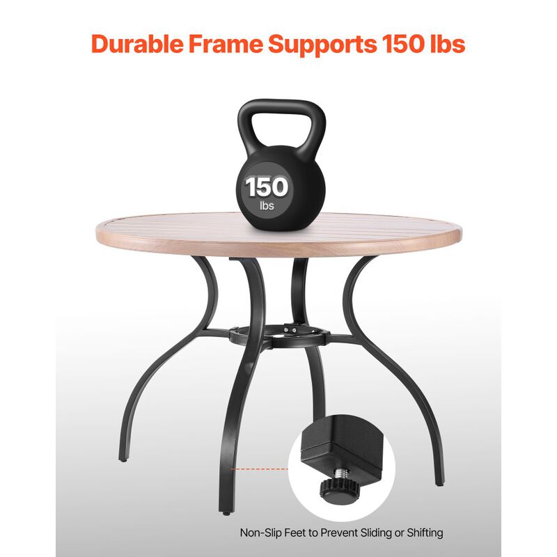 Outdoor Round Bistro Table, Wood-Look Steel Slat Patio Dining Table with Umbrella Hole image number 5