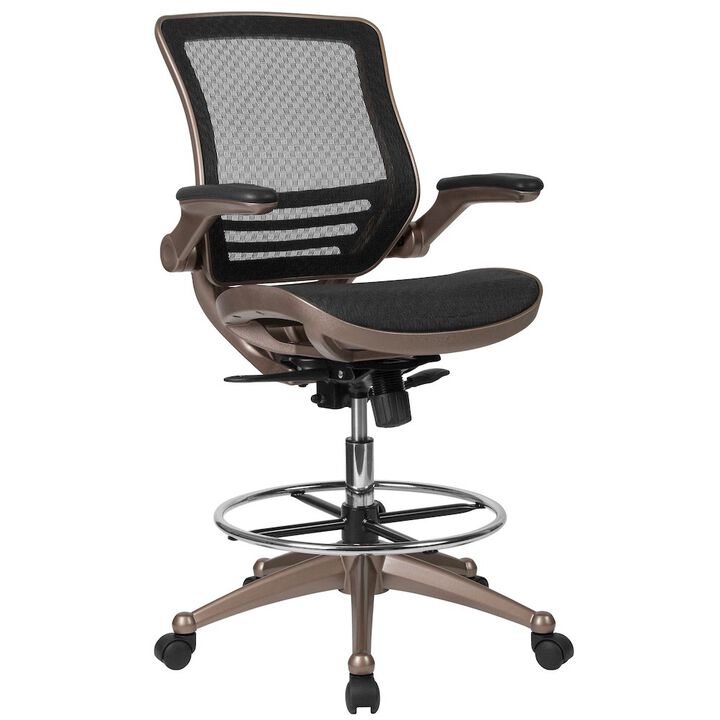 Flash Furniture Mid-Back Black Mesh Drafting Chair with Melrose Gold Frame and Flip-Up Arms