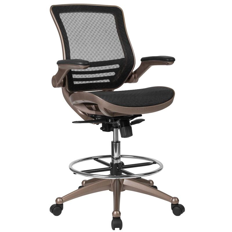 Flash Furniture Mid-Back Black Mesh Drafting Chair with Melrose Gold Frame and Flip-Up Arms image number 0