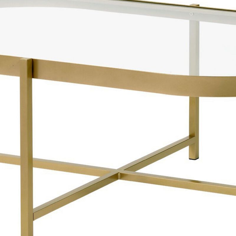 Coffee Table with Oblong Glass Top and Metal Frame, Gold-Benzara