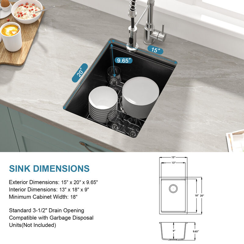 15 in. Undermount Single Bowl Workstation Black Quartz Composite Kitchen Sink Round Corner with Bottom Grid. image number 7