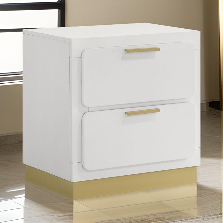 Caer Nightstand, 2 Drawers, Gold Accent Recessed Base, Bar Handles, White - Benzara
