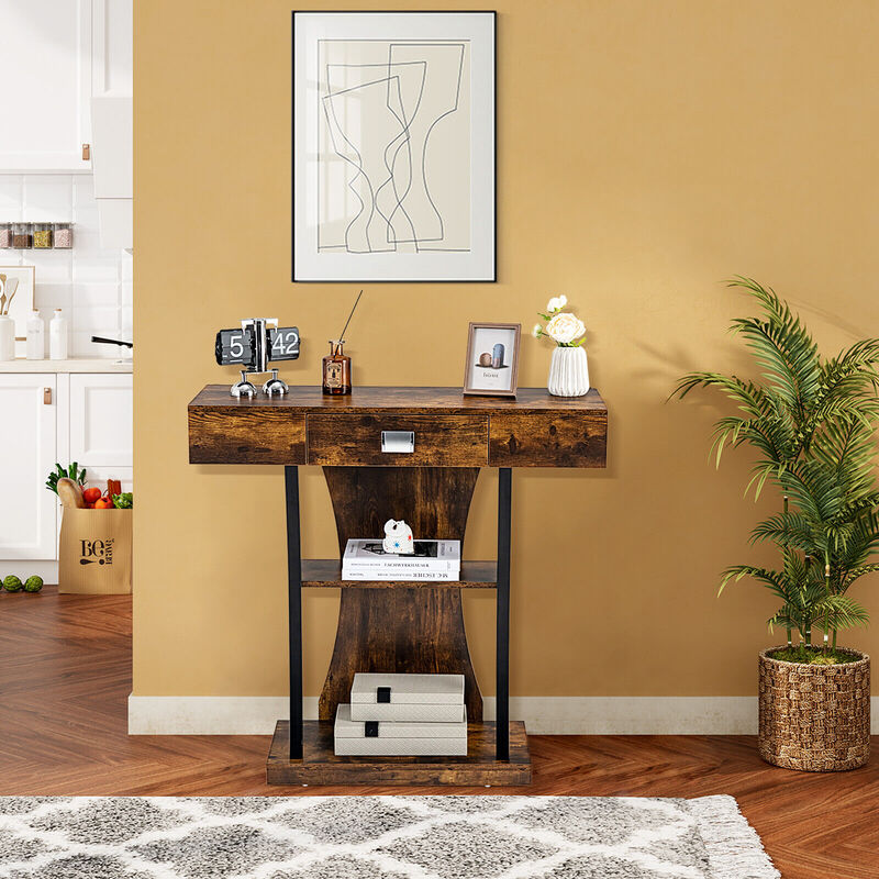 Console Table with Drawer and 2-Tier Shelves for Entryway Living Room