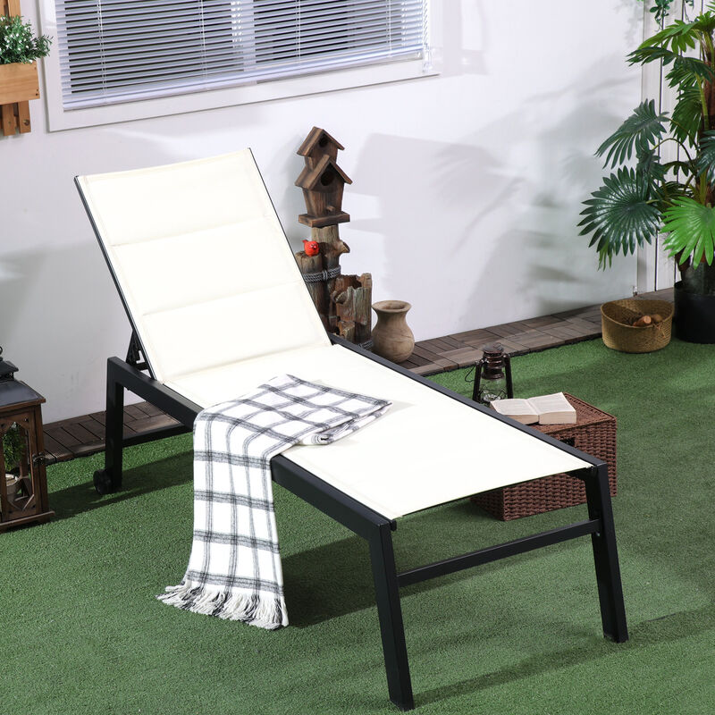 Outsunny Outdoor Lounge Chair, Patio Lounger with 5-Position Reclining Backrest and 2 Wheels for Poolside, Beach, Lawn, Cream White