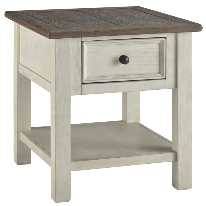 End Table With Plank Top and a Gliding Drawer, Cream and Brown-Benzara