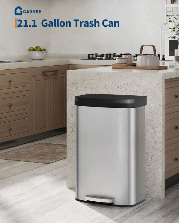 Large 80L/21 Gallon Stainless Steel Step Trash Can, Soft Close Lid, Spacious Durable Rectangular Waste Bin for Kitchen Bathroom Office