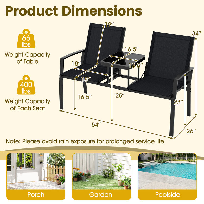 Outdoor Loveseat with Built-in Table and Comfortable Fabric Backrest-Black