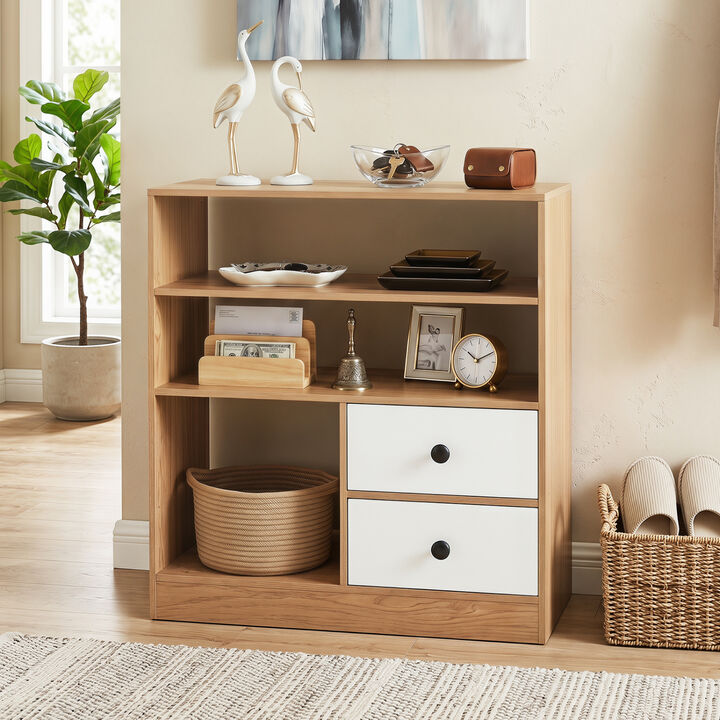 Storage Cabinet with 3 Open Compartments and 2 Drawers for Home Office-Natural