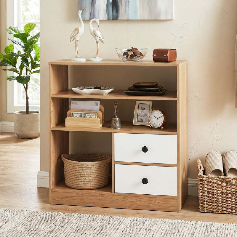 Storage Cabinet with 3 Open Compartments and 2 Drawers for Home Office-Natural image number 1