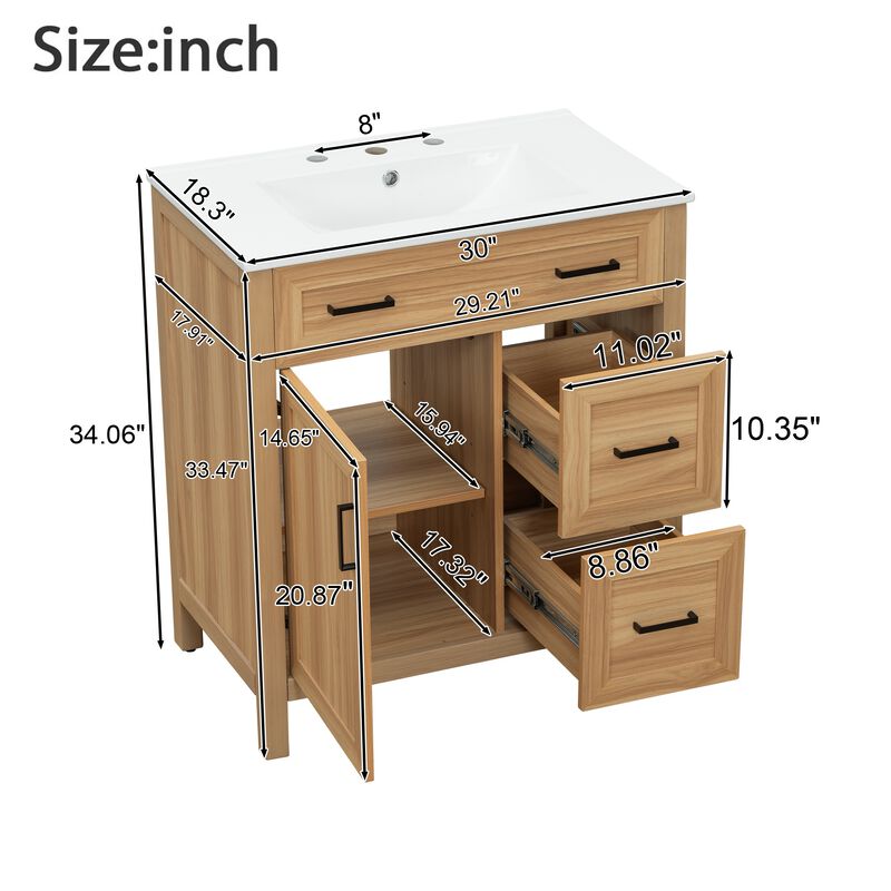 Whisen 30" Wood Bathroom Vanity with Solid Wood Frame, 1 Soft Close Doors, 2 Soft Close Drawers, Adjustable Shelf image number 9