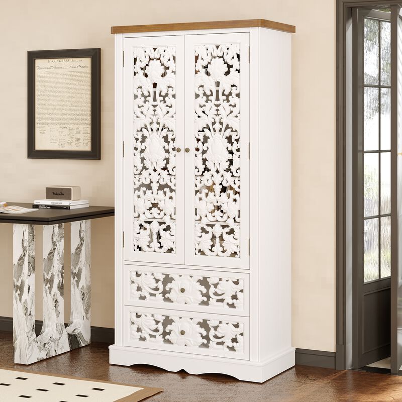 FUFU&GAGA Carved White Wardrobe with 2 Doors & 2 Drawers, Antique Metal Pulls, Wood Grain Top (33.1 in. W x 15.7 in. D x 66.1 in. H)