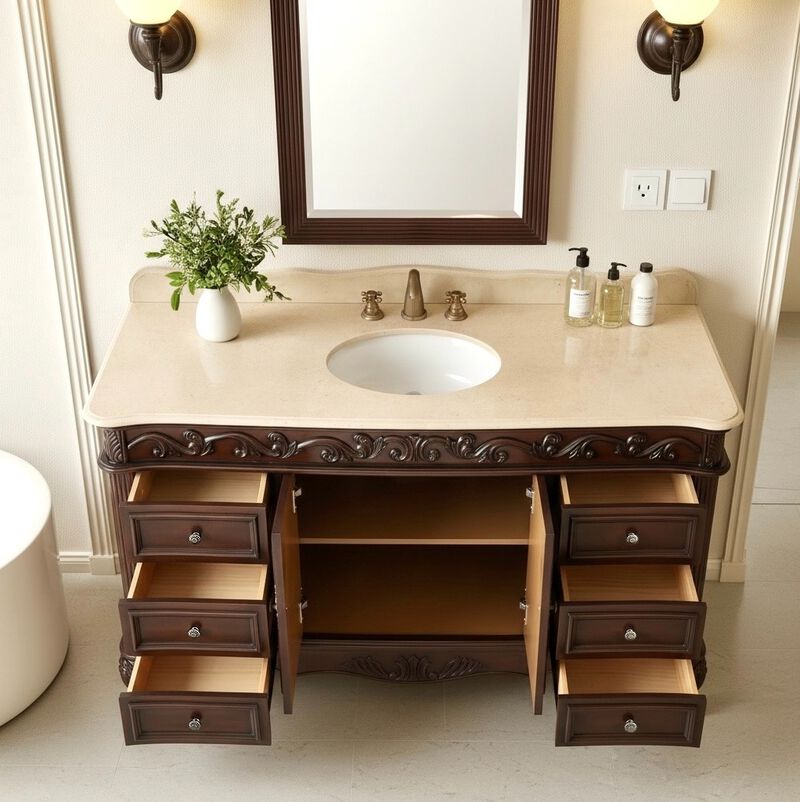 56 Inch Traditional Style Brown Beckham Bathroom Sink Vanity With CreamTop image number 6