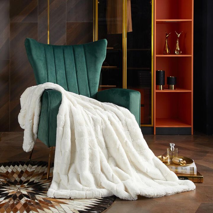 Chic Home Liana Throw Blanket Jacquard Faux Rabbit Fur Micromink Backing Design - 50x60", Beige