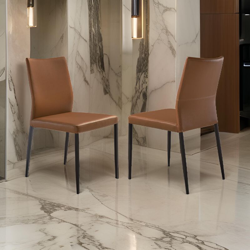 Ash 22 Inch Dining Chair Set of 2, Brown Faux Leather, Tall Curved, Black - Benzara