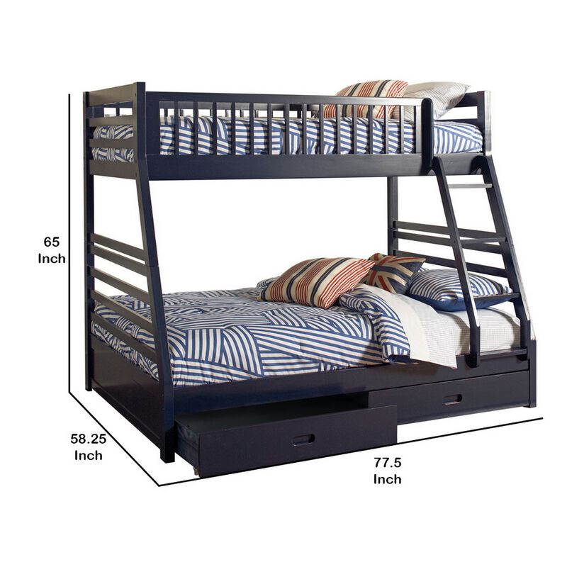 Wooden Twin Over Full Bunk Bed with Wheel Supported Bottom Drawers, Blue-Benzara