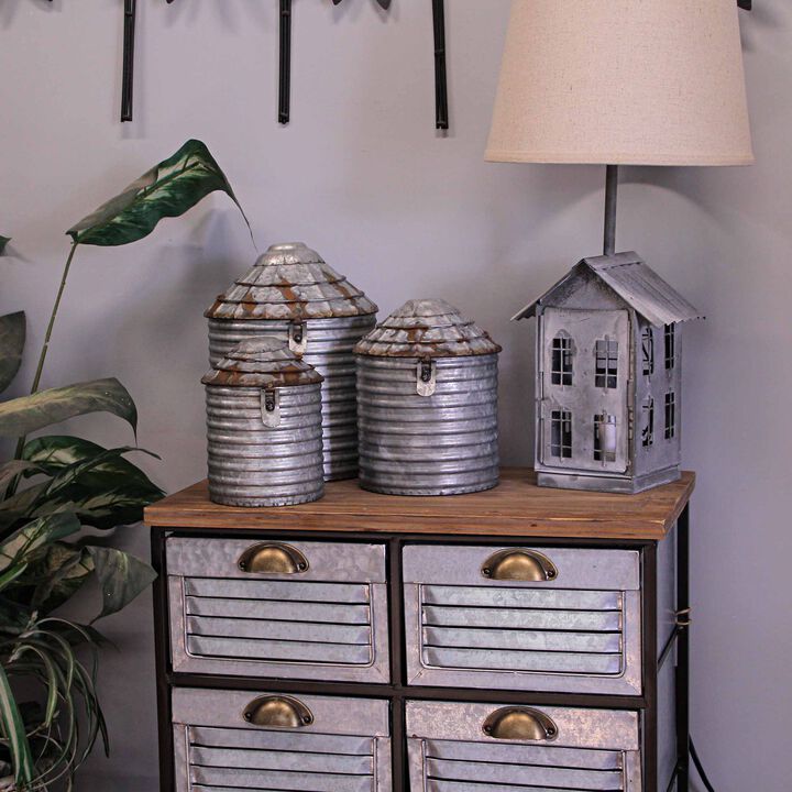 Vintage Farmhouse Style Galvanized Zinc Finish Tin Silo Canister Set of 3
