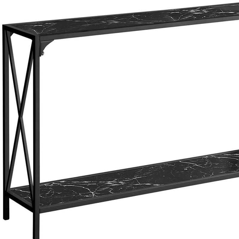 HomeRoots 48" Black Wood and Metal Faux Marble Console Table With Shelf image number 2
