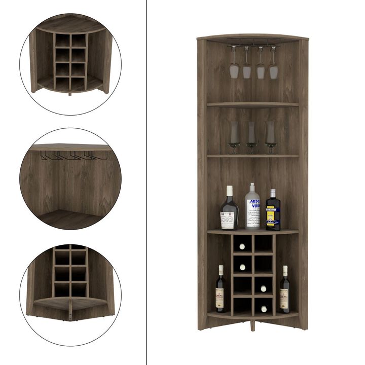 DEPOT E-SHOP Giza Corner Bar Cabinet, Three Shelves, Eight Built-in Wine Rack, Two Side Shelves, Dark Brown