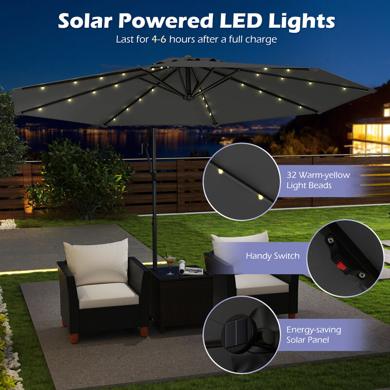 Solar Offset Umbrella with 32 LED Lights &ndash; Hanging Patio Shade with Base