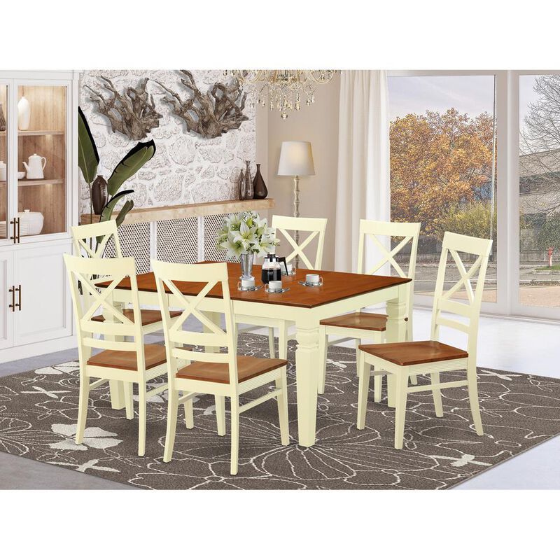 7 Pc Kitchen table set with a Dinning Table and 6 Wood Dining Chairs in Buttermilk and Cherry