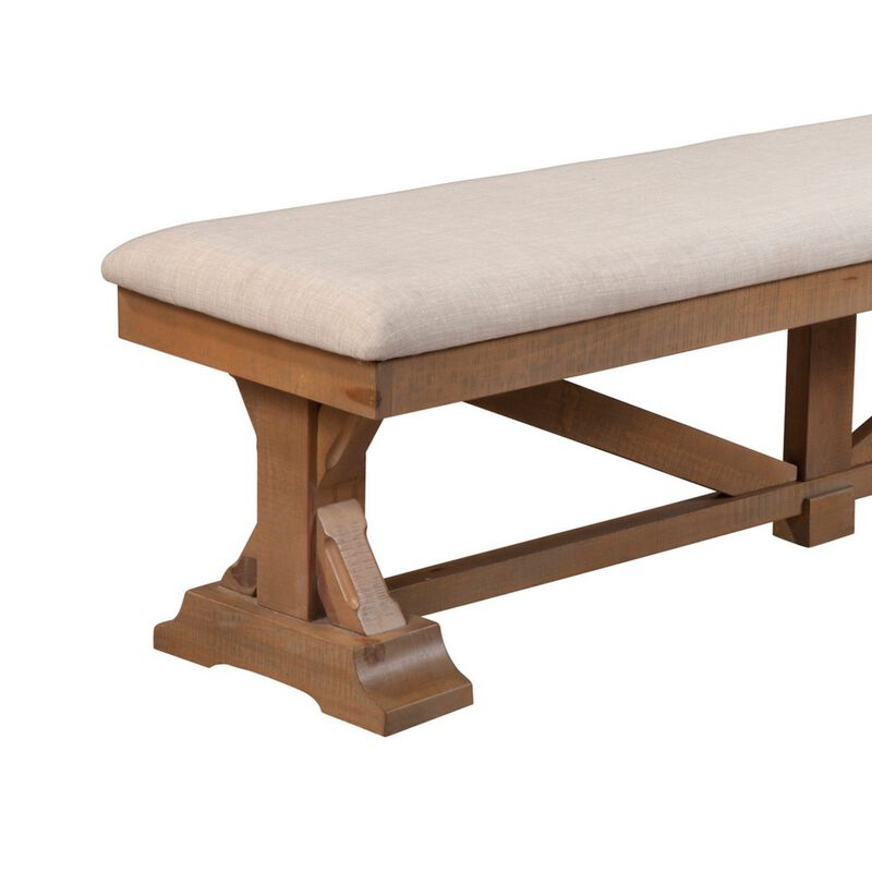 Tess 69 Inch Dining Accent Bench, Beige Fabric Cushion, Pine Wood, Brown-Benzara