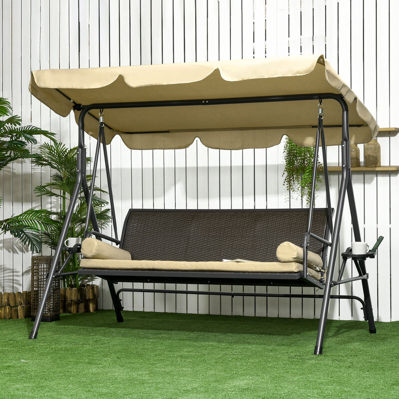 Outsunny 3-Seat Patio Swing Chair, Outdoor Canopy Swing Glider with Removable Cushion, Pillows, Adjustable Shade, and Rattan Seat, for Porch, Garden, Poolside, Backyard