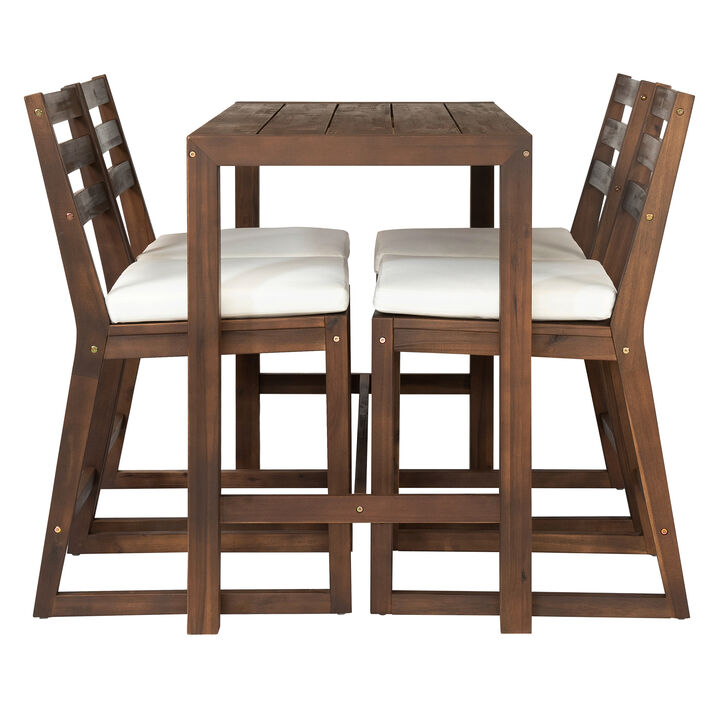 Merax Rustic Outdoor Bar Set with Acacia Wood Frame, 4 Cushioned Chairs, Space-Saving Slim Design