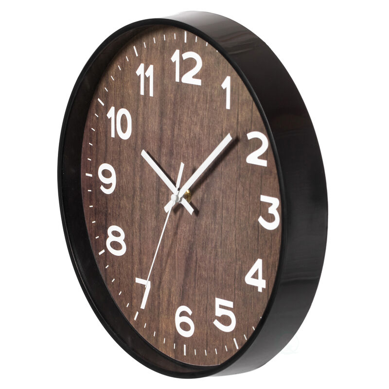 Decorative Modern Round Wood- Looking Plastic Wall Clock for Living Room, Kitchen, or Dining Room, Brown