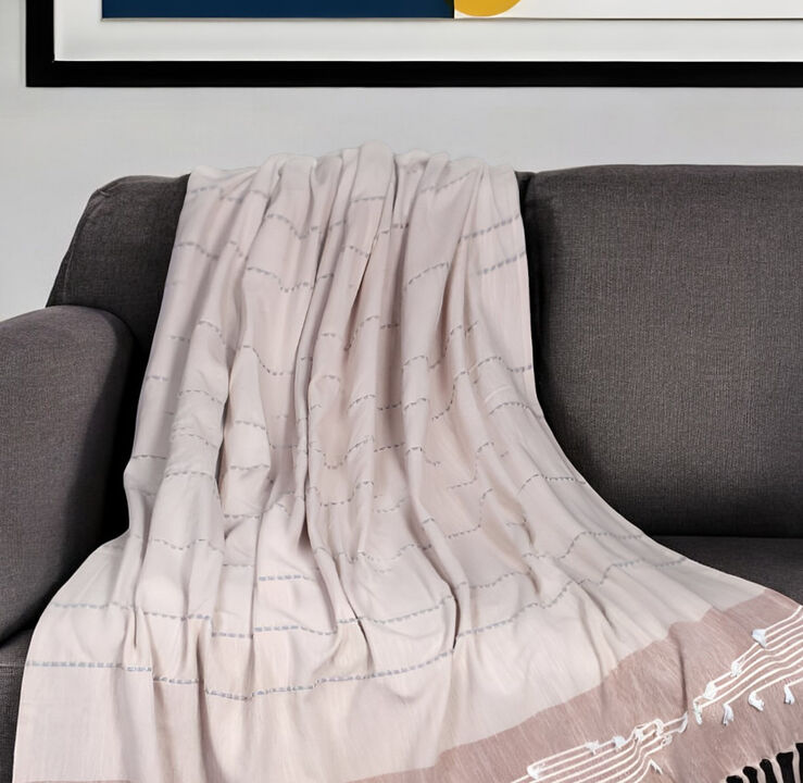 HomeRoots 50" X 60" Gray and Rust Woven Cotton Striped Throw Blanket with Fringe, Embroidery