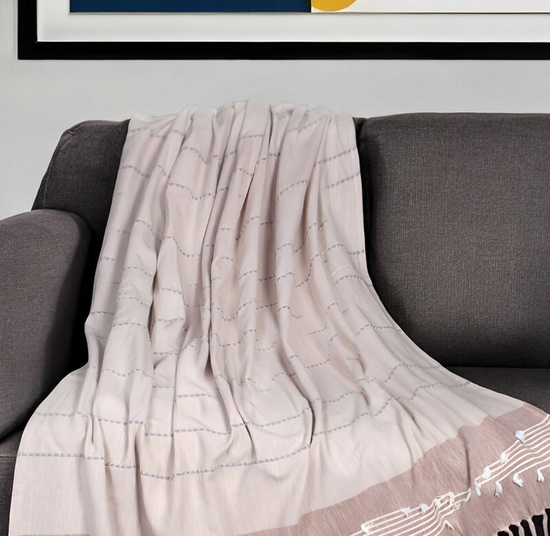 HomeRoots 50" X 60" Gray and Rust Woven Cotton Striped Throw Blanket with Fringe, Embroidery image number 1