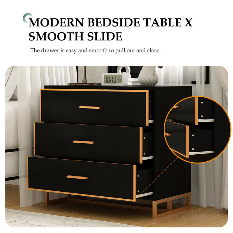 FUFU&GAGA Modern Black 3-Drawer Dresser with Gold Trim, Metal Handles & Base &ndash; Stylish Storage Cabinet for Bedroom(31.5"W x 15.7"D x 28.7"H),Black