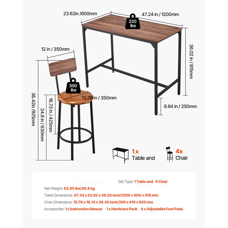5-Piece Bar Table and Chair Set 47" for Living Room Use image number 2