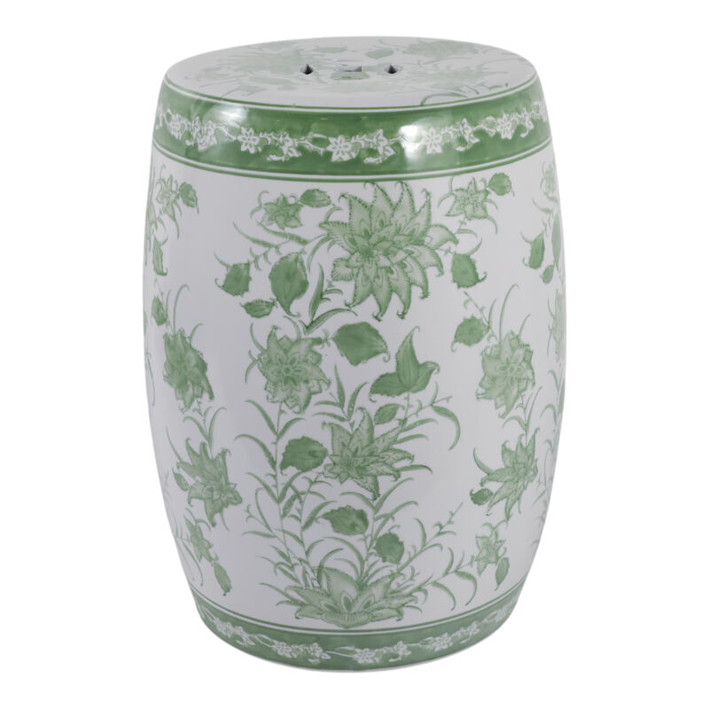 Cer,18" Pinwheel Flower Chinoiserie Stool, Grn/wh image number 2