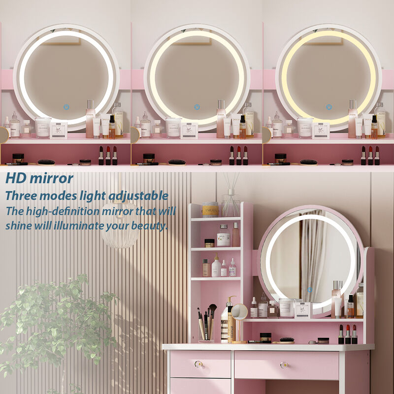5-Drawers White Wood Makeup Vanity Set Dressing Desk W/ Stool, LED Round Mirror and Storage Shelves 52x 31.5x 15.7 in.