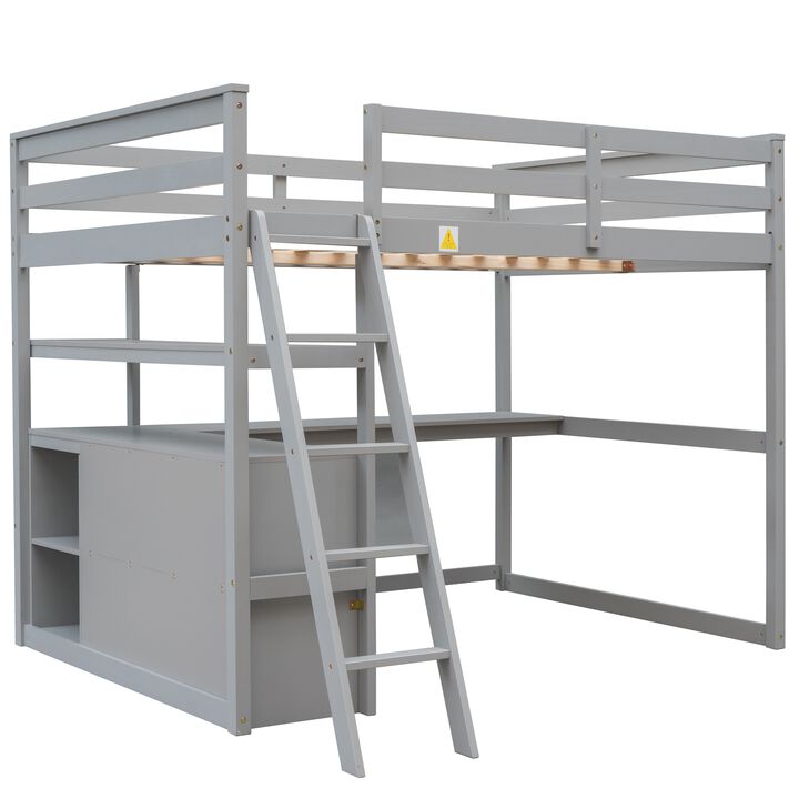 Whisen Full Size Wood Loft Bed with Desk, Shelves and Two Built-in Drawers - Gray